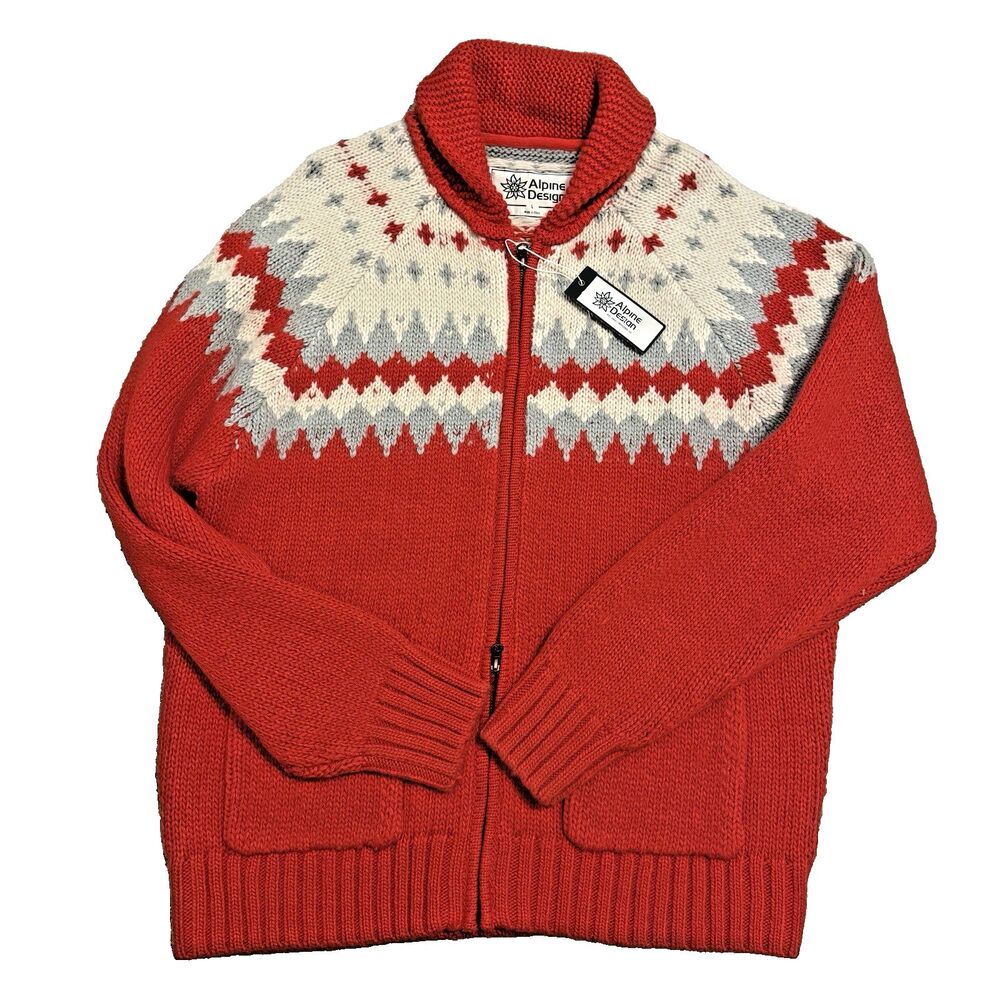 Wool Blend Men Fair Isle Knit Full Zip Heavy Cardigan Sweater L Alpine Design